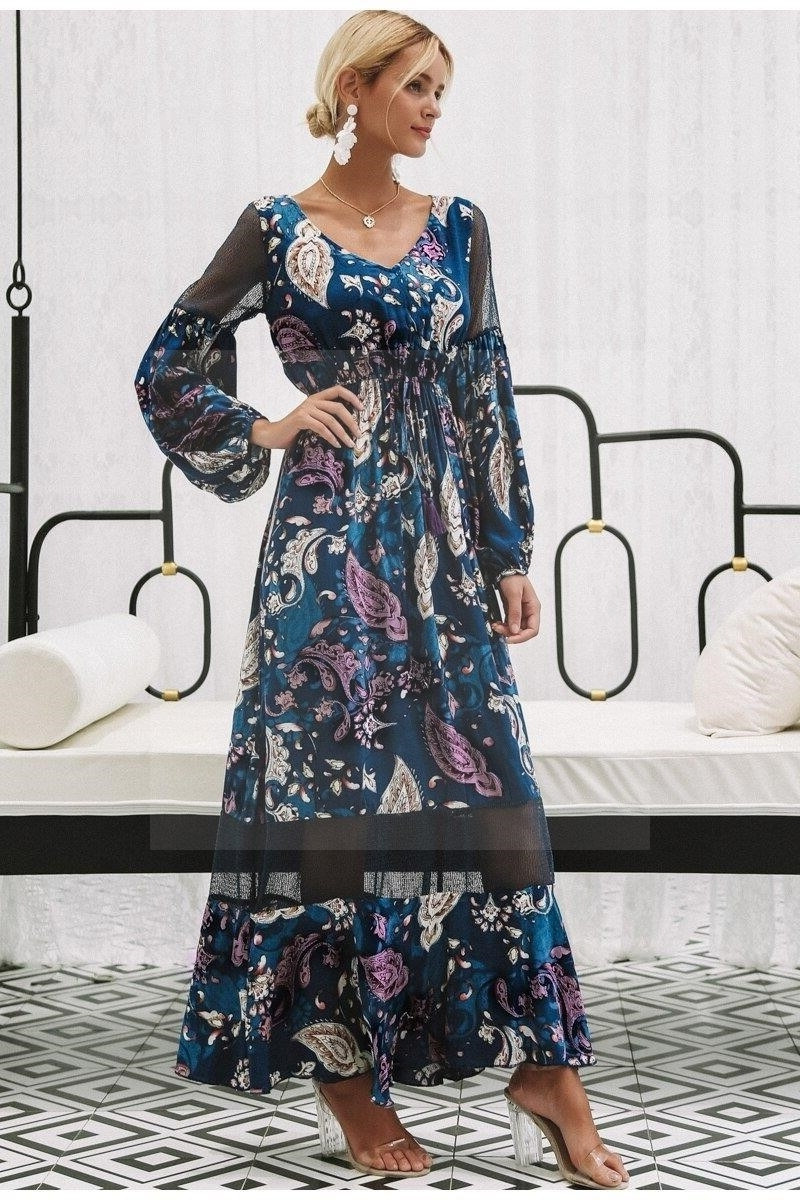 Robe Femme Bohème Vintage - Manches Longues, Col V, Style Western Médiéval - 8